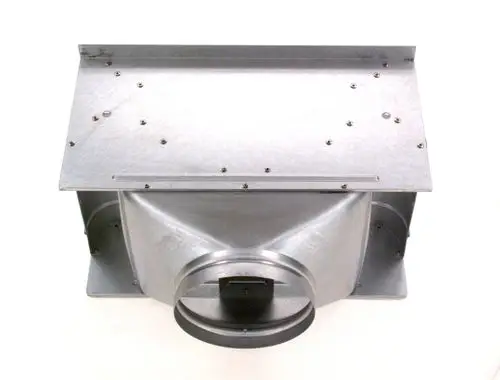 Metallische Strömungssicherung von Bosch, mit rechteckiger Oberseite und runder Anschlussöffnung, zur Steuerung von Luftströmen in Lüftungssystemen.